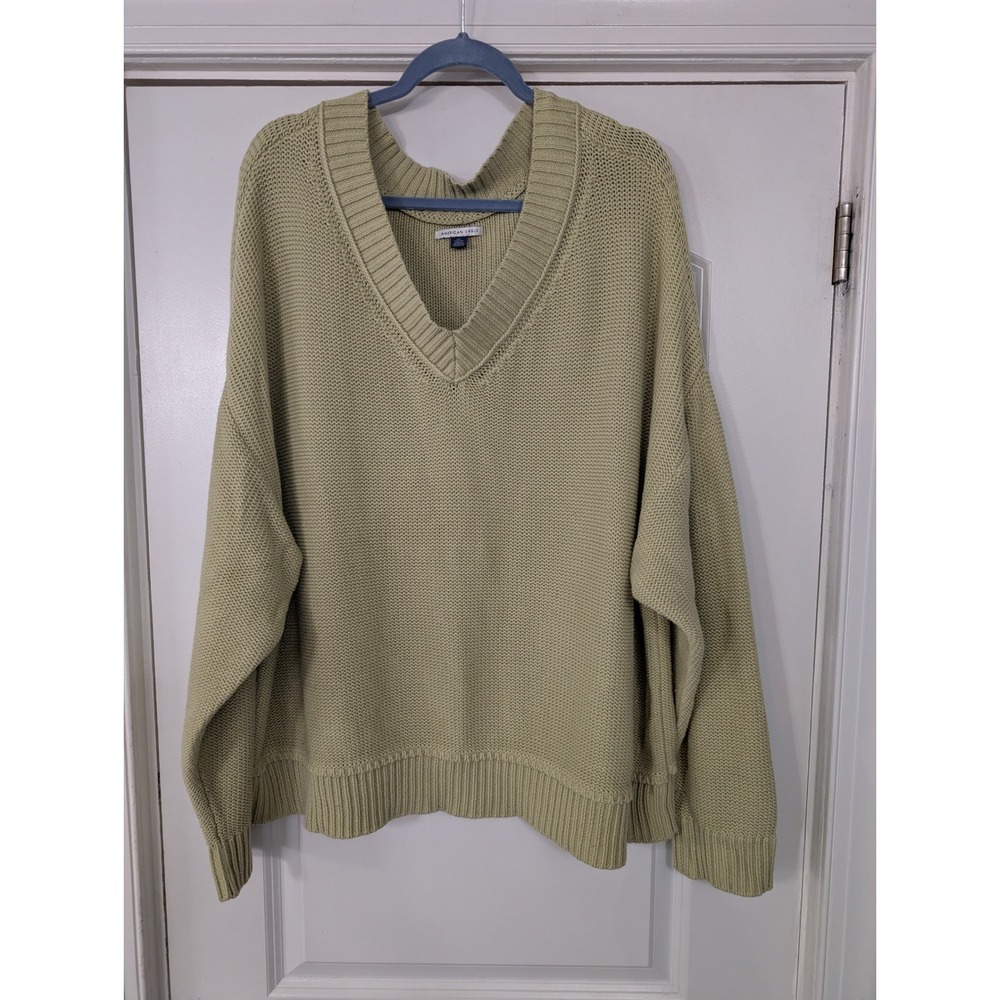 American Eagle Oversized V Neck cable Knit Sweater Light Green XXL fisherman